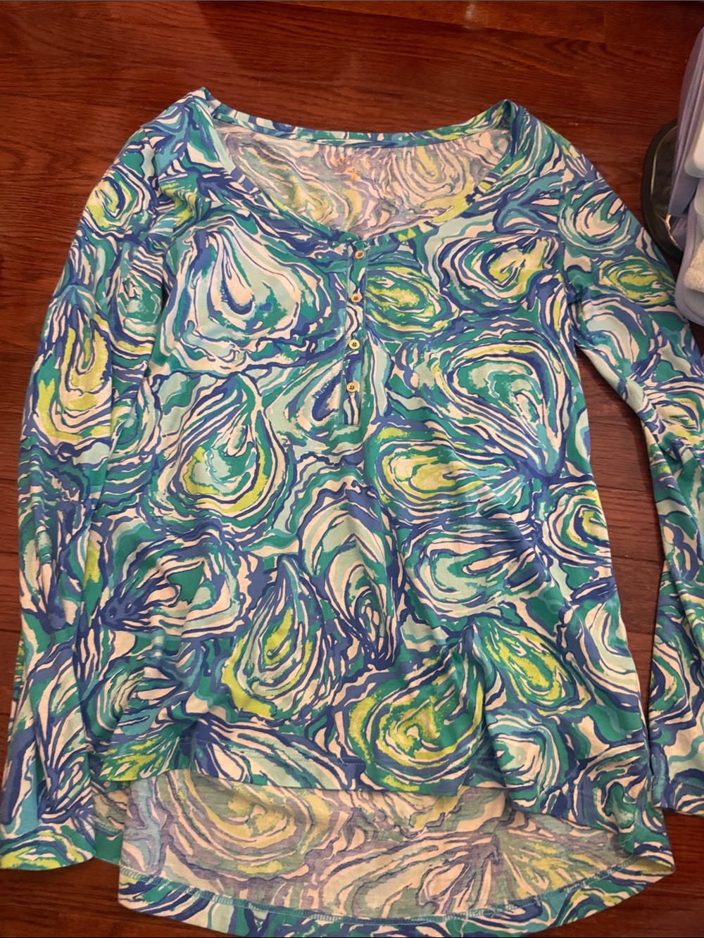 Lilly Pulitzer Blue, Green & Yellow Swirl Henley Long Sleeve Top